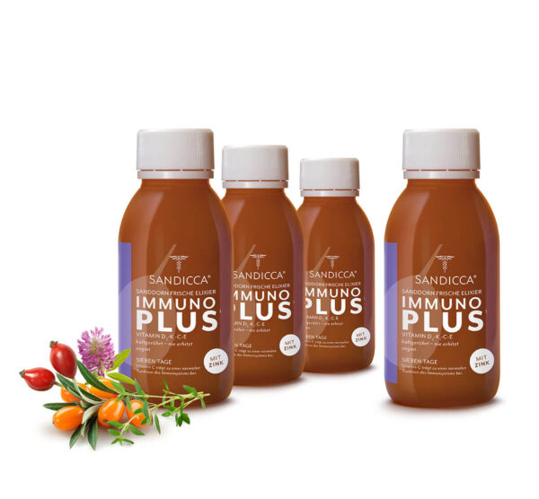 Sanddorn Frischeelixier Immuno Plus mit den Vitaminen D3-K1-C-E mit Zink und rein pflanzlichen Phytoextrakten aus sibirischem Ginseng, Rotklee und Hagebutte