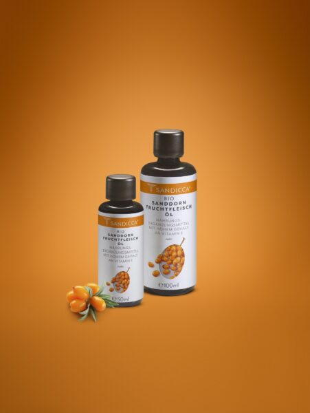 Bio-Sanddornfruchtfleischöl 50 ml und 100 ml, oranger Hintergrund