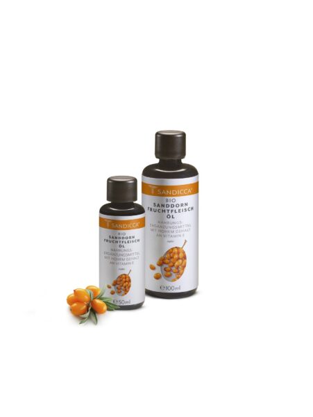Bio-Sanddornfruchtfleischöl 50 ml und 100 ml, weißer Hintergrund